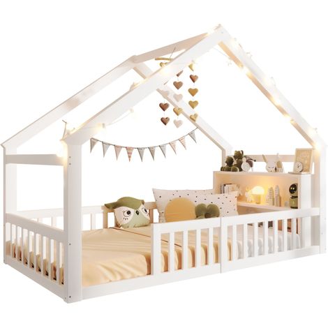 Lit cabane enfant 90x190, lit enfant blanc en bois de pin avec barrière et étagères, design maisonnette avec LED (1/5)