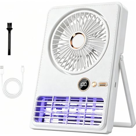 Ventilateur de table - Ventilateur portable - Ventilateur de bureau - Ventilateur avec lampe anti-moustiques - 5 vitesses réglables - Convient pour les bureaux, les chambres et le camping - Blanc (1/5)
