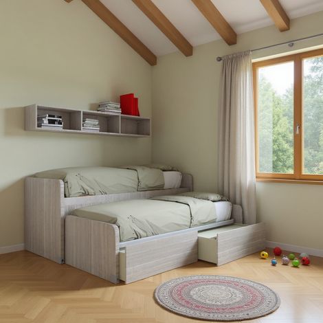 Coppia letti singoli scorrevoli con ruote e contenitori - Made in Italy - Rovere rock
