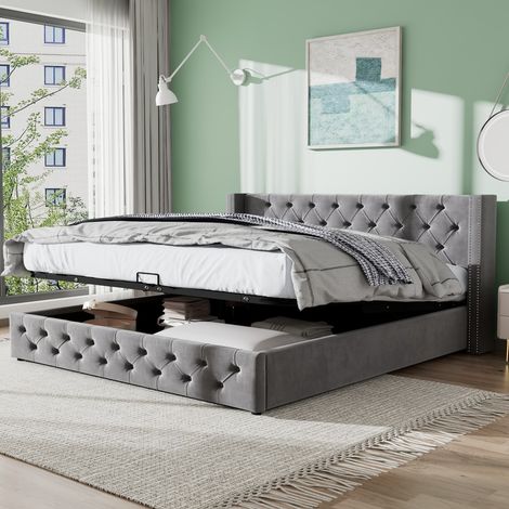 Lit Double 140x200 à Tête de Lit « Oreille » - Coffre Hydraulique, Rembourrage Flanelle Anti-Tâches avec Rivets (Sans Matelas) (1/5)