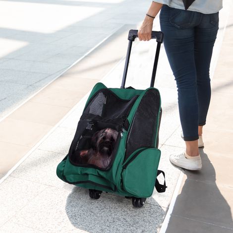Transporteur à dos 2-en-1 chiens chats poches latérales poignée télescopique roues - Dimensions: 42x25x55cm - Couleur: Vert