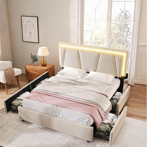 Cadre de lit beige en bois 207 x 169 x 102 cm (1/5)