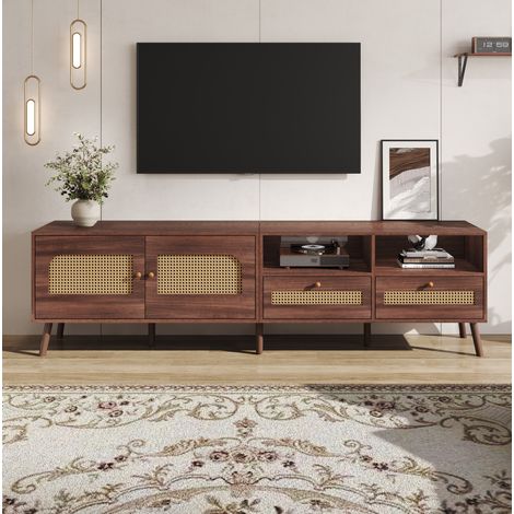 2003749.5cm TV-Schrank für 80-Zoll-Fernseher mit 2 Rattantüren, 2 Schublade, Lowboard mit 8 Füßen, Braunes modernes Entertainment-Kontrollzentrum (1/5)