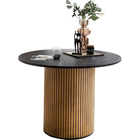Table à manger ronde scandinave avec pied colonne cannelé plaqué chêne et plateau noir Ø 100 cm - PANGIVO (1/3)