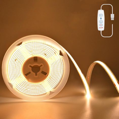 Bande LED COB, 3 mètres, lumières de bande LED USB 5 V, blanc chaud, 3000 K, bande LED flexible à intensité variable USB 960 LEDs, pour la chambre, la maison, l'armoire, l'éclairage DIY (1/5)