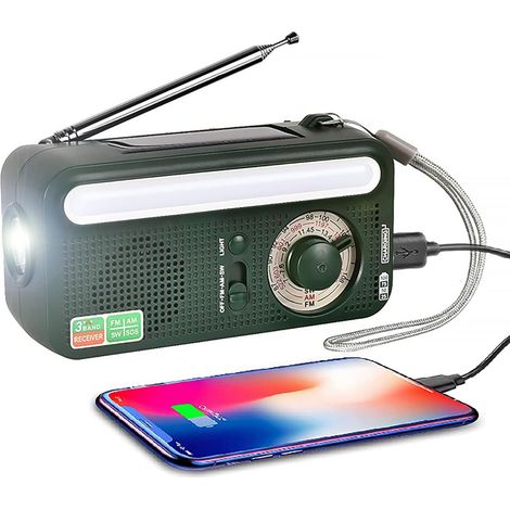 Radio portable AM/FM/SW avec manivelle, batterie 2000 mAh, lampe torche LED, lampe, alarme SOS, idéale pour le camping et la survie. (1/5)