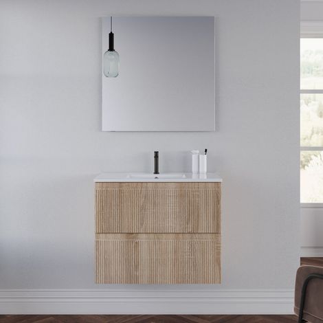 Meuble de salle de bain 60cm avec plan simple vasque - 2 tiroirs - cambrian (chêne clair) - RIBERA (1/5)
