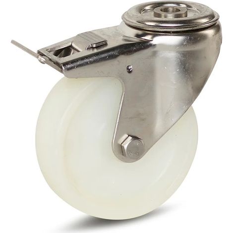 Roulette pivotante freinée - MESO - Nylon inox - 100mm - Trou central - 180kg