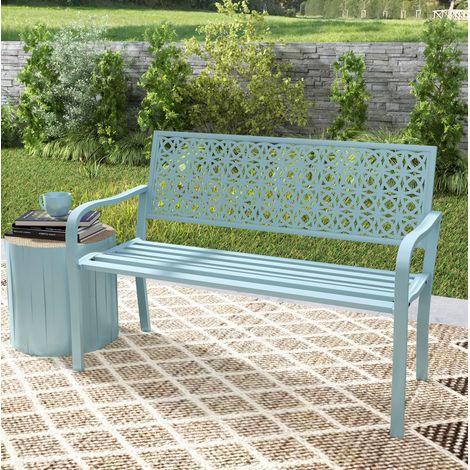 Banco de jardín de acero azul de 2 plazas con reposabrazos y respaldo decorativo (1/5)
