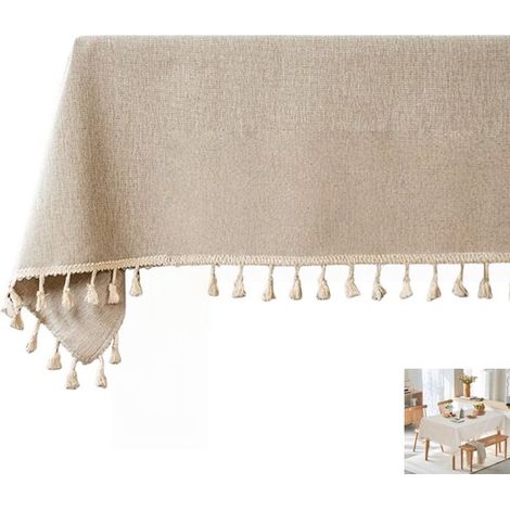 Tovaglia in lino con nappe (beige, 140x180 cm), copritavolo in juta resistente all'acqua in stile country. (1/5)