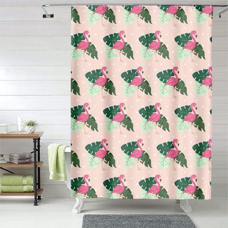 Rideau de douche flamant rose feuilles tropicales, rideau salle de bain, 150x180 cm (1/5)