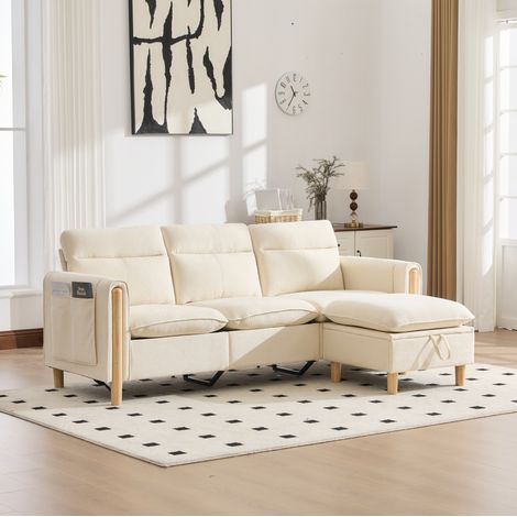 Canapé d’angle 3 places en chenille beige avec pouf de rangement et poches latérales OKWISH (1/5)