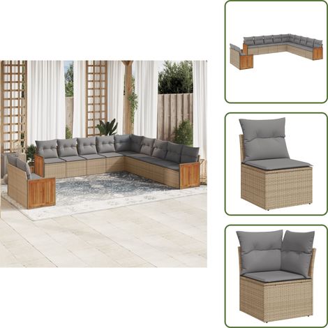 The Living Store 11-tlg. Garten-Sofagarnitur mit Kissen Beige Poly Rattan - Gartensessel