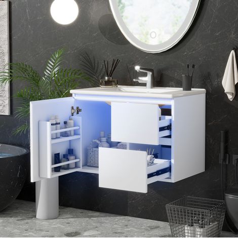Meuble salle bain vasque 76x46x50 LED MDF blanc OKMYHOME (1/5)