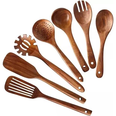 Umweltfreundliches thailändisches Teakholz-Küchenhelfer-Set, 7/10-teilig, inklusive drehbarem Löffel, Reissieb, Suppenkelle, Pinsel und Kochlöffel-Set (1/5)
