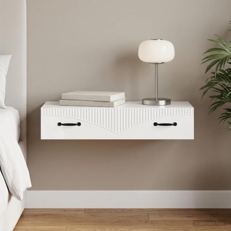 Table d'appoint murale avec tiroir, bois d'ingénierie, blanc brillant, 87,5 x 34,5 x 17 cm - PANGIVO (1/5)