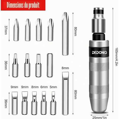 Impact Screwdriver Kit, Manual Impact Driver with Bits (Flat, Hexagonal), for Turning Fixings, Fasteners (1/4)