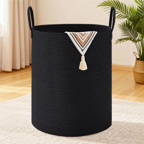Panier à linge tressé 100L XXL, rond, style bohème, avec poignées en coton, noir (1/5)