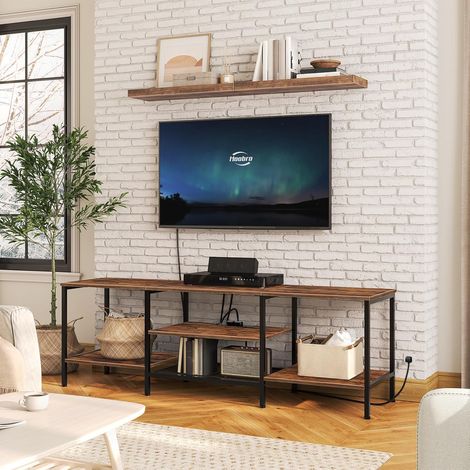 160cm TV Stand Unit, TV Cabinet with Open Storage Shelves Cabinet, Industrial Media Entertainment Center with Power Outlets for Living Room Bedroom, Rustic Brown and Black EBF60KDS01,HOOBRO (1/5)