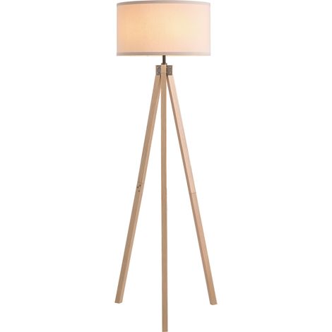 HOMCOM Wood Tripod Floor Lamp Home Lighting Elegant E27 Bulb Linen Shade Beige (1/5)