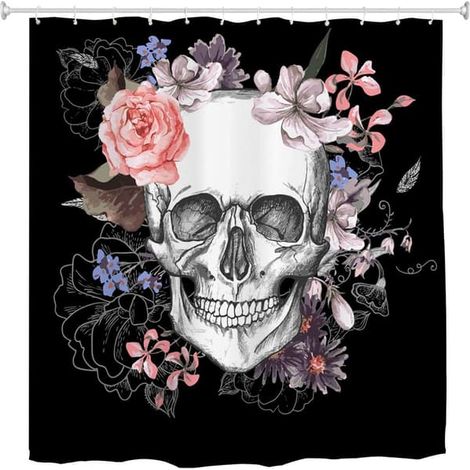 Rideau de douche Surgar pour salle de bain, motif tête de mort, crochets inclus. (1/5)