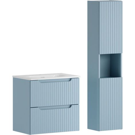 Conjunto de baño suspendido VANO azul denim 90cm: mueble bajo lavabo con cajones + lavabo encastrable blanco + columna (1/5)