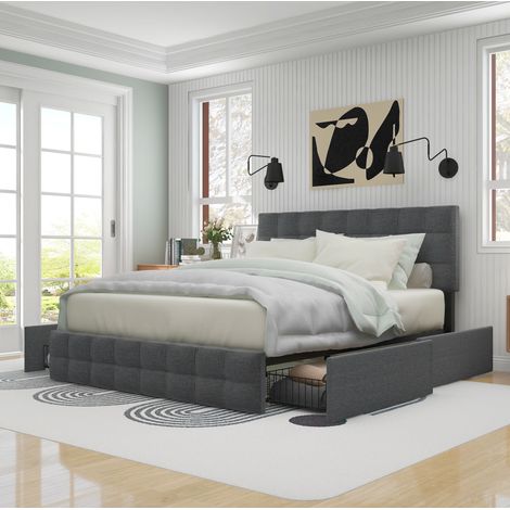 Cama doble tapizada con 4 cajones y cabecero gris OKMYHOME (1/5)