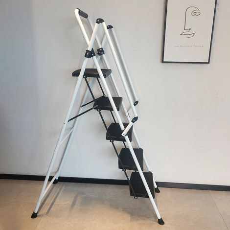 Escalera plegable de 5 peldaños de acero, peldaños antideslizantes, asa de seguridad, blanco HAVRYA (1/4)