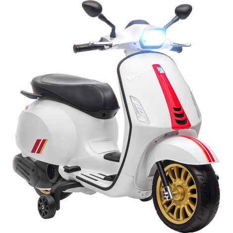 12V Vespa Licensed Kids Electric Motorbike w/ Music, Lights, FM Radio, for 3-6 Years - White