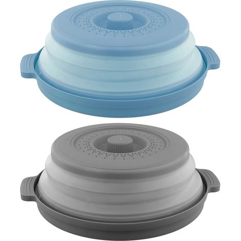 2 Pièces Couvercle pour Micro Onde avec Plateau Cloche pour Micro Onde avec Trous de Vapeur Couvercle Micro Ondes Pliable Passoire Cuisine pour Fruits et Légume 27cm, Gris+Bleu (1/5)