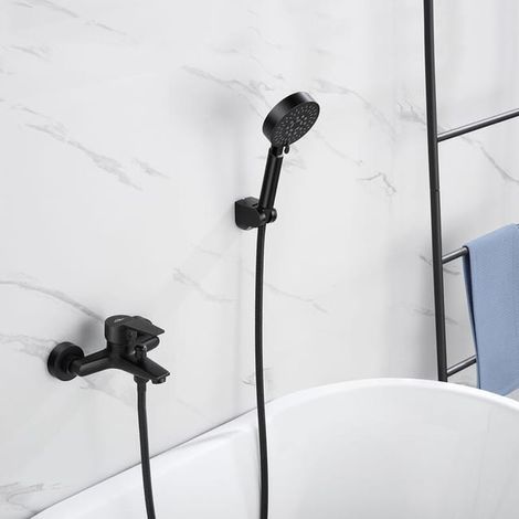 Mitigeur baignoire noir avec douchette 5 jets, support et flexible 1,5 m, robinet mural en laiton, salle de bain (1/3)