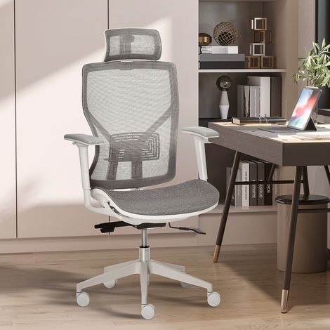 Chaise de bureau, chaise pivotante, chaise gaming avec appui-tête, soutien lombaire, accoudoirs 3D, 3 hauteurs réglables, roulettes pivotantes à 360°, ergonomique, tissu mesh, mousse, grise, 67 x 65 x (1/5)