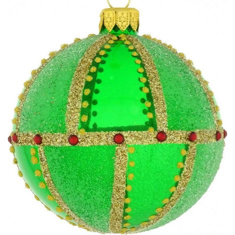 Pallina per albero di Natale in vetro verde con decorazioni dorate da 10 cm (1/4)