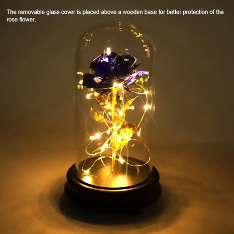 Rose lumineuse LED plaquée or 24 carats avec socle en verre, cadeau idéal pour la Saint-Valentin ou un mariage (bleu). (1/5)