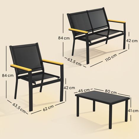 Ensemble de mobilier de jardin en métal, salon de jardin pour 4 personnes avec canapé 2 places, fauteuil et table d'appoint, 110 x 63,5 x 84 cm, noir (1/5)