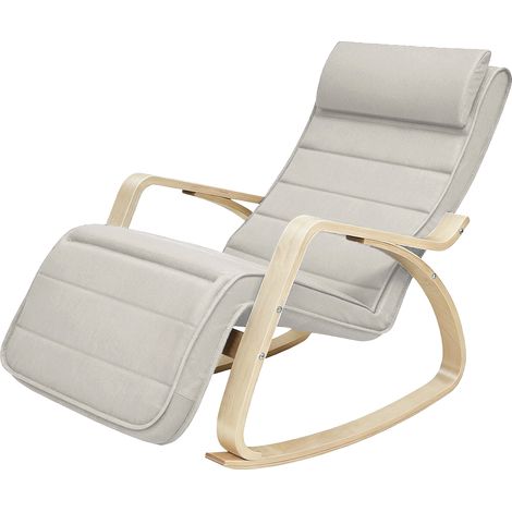 Songmics – Fauteuil à bascule en bois de bouleau – Repose-pieds réglable 5 positions – Coussin en mousse haute élasticité – Capacité 150 kg – Dimensions 121,5 x 65 x 84 cm