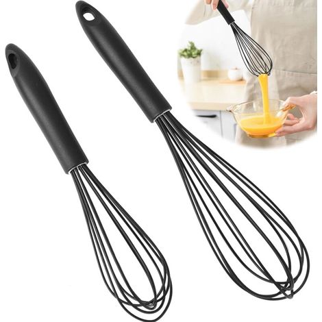 Fruste a palloncino in silicone nero resistenti al calore – Set da 2 (22 cm e 26,4 cm) per mescolare, montare e sbattere gli albumi