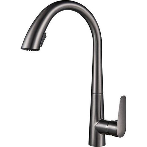 Robinet de cuisine gris avec douchette extractible, mitigeur monocommande, rotation à 360° pour l'eau chaude et froide. (1/4)