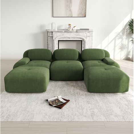 FloraGrace Canapé modulable U en corduroy vert, sans montage, assise 32D, accoudoirs arrondis (1/5)