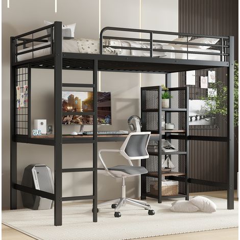 Cama alta 90x200 cm negro y nogal oscuro, MDF y metal con escritorio y estantes (1/5)