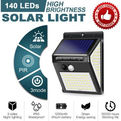140 LED Solaire Murale Lampe Détecteur de Mouvement 3 Modes Éclairage Sécurité Extérieur (1/5)