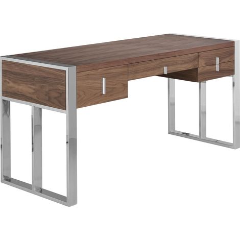 Bureau bois 4 tiroirs pieds acier inoxydable chromé - Noyer, acier inoxydable (1/4)