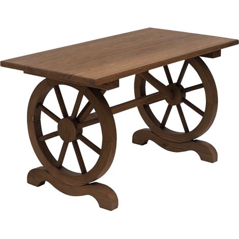 Beyamis Gartentisch aus Holz, Beistelltisch im Wagenrad-Design mit 3 cm starker Holzplatte für Terrasse, Balkon oder Veranda, 110 x 60 x 65 cm, karbonisierte Oberfläche