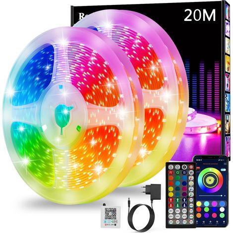Ruban Led 20m, Led Chambre, Bande Led Lumineuse Contrôlé par APP Bluetooth ou Télécommande 44 Touches, Synchroniser avec Rythme de Musique, RGB Bandeau Led pour Decoration Chambre, Gaming (2 10m) [Cl (1/5)