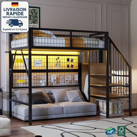 Lit mezzanine 900x200 cm - Lit mezzanine multifonctionnel en métal -Équipé d'une bande lumineuse LED contrôlée par APP - Escalier et armoire ouverte avec espace de rangement - Noir