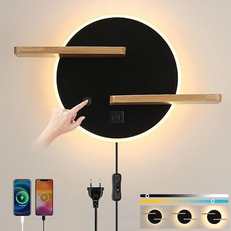 Bedside Wall Lamp with Charging Ports USB-A + USB-C Wall Light Touch Control Dimmable LED Wall Lamp with Plug and Switch for Bedroom, Living Room, Hotel, Black (1/5)