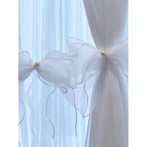 SIELUNO Lot de 2 embrasses papillon pour rideaux avec perles et perles en organza pour décoration d'intérieur - Blanc - 75 cm (1/5)