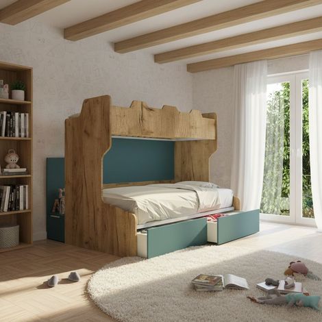 Letto a castello salvaspazio con scala contenitore - 1 Piazza e mezza + singolo - Quercia e verde petrolio (1/5)