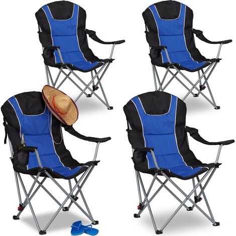 Relaxdays 4x Foldable Camping Chair, Padded Adjustable Backrest, Folding Fishing Seat, 108 x 90 x 72 cm, Blue/Black