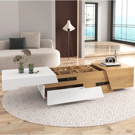 Mesa de centro deslizante con almacenaje, 120 x 50 x 37,5 cm, MDF blanco y madera HAVRYA (1/5)